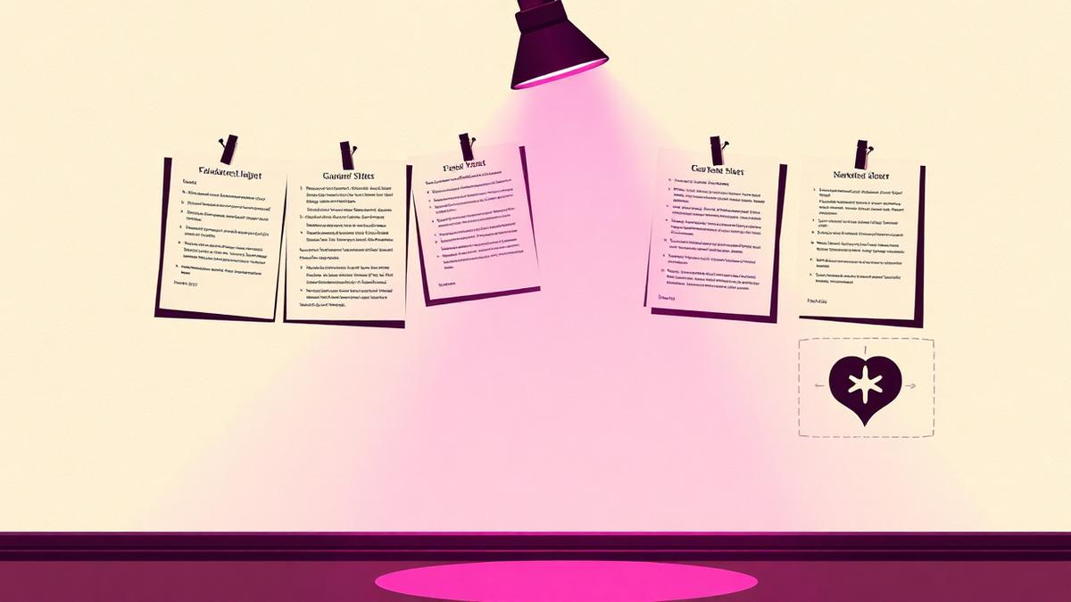Théâtre d'ombres : pages de script punaisées sur un panneau de répétition sous un cône de lumière magenta