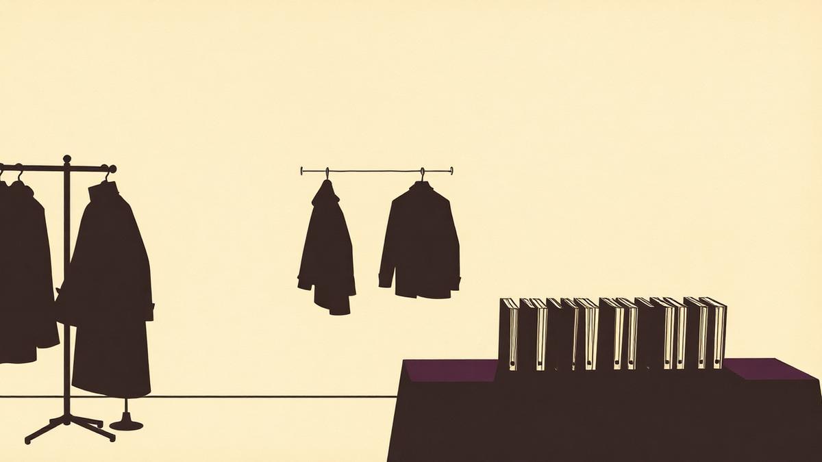 Théâtre d'ombres : coulisses avec portants à vêtements et dossiers alignés sur une table de régie