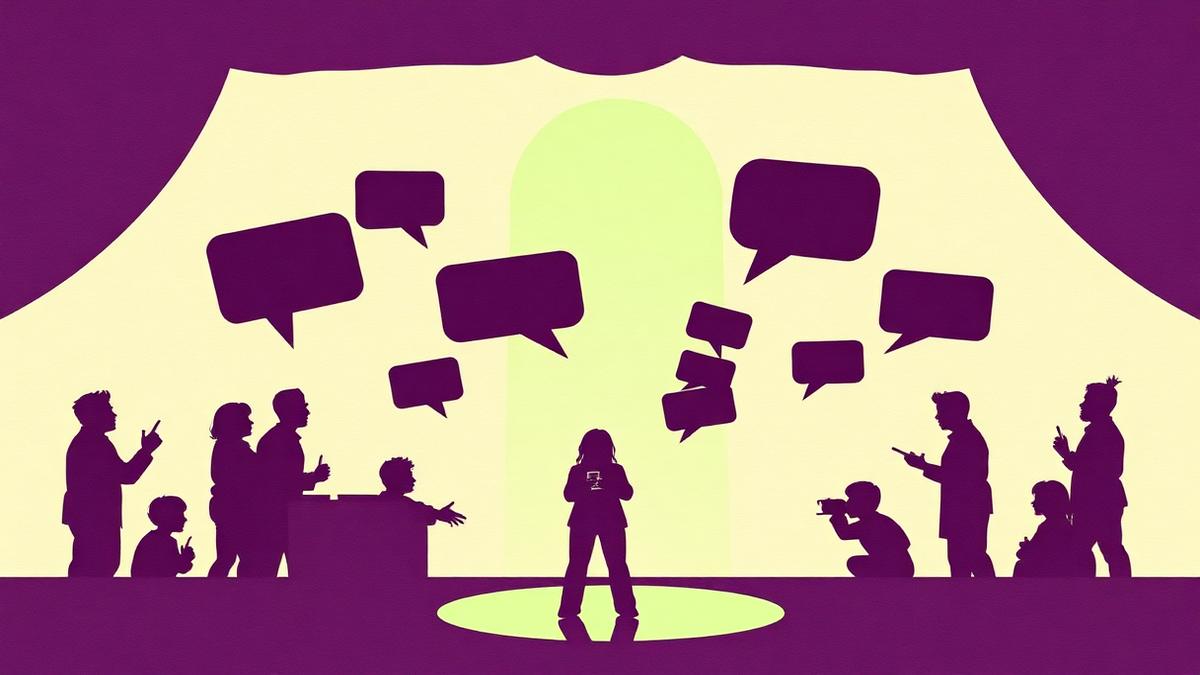 Théâtre d'ombres : bulles de messages s'élevant au-dessus d'un plateau, silhouettes du public en contre-jour
